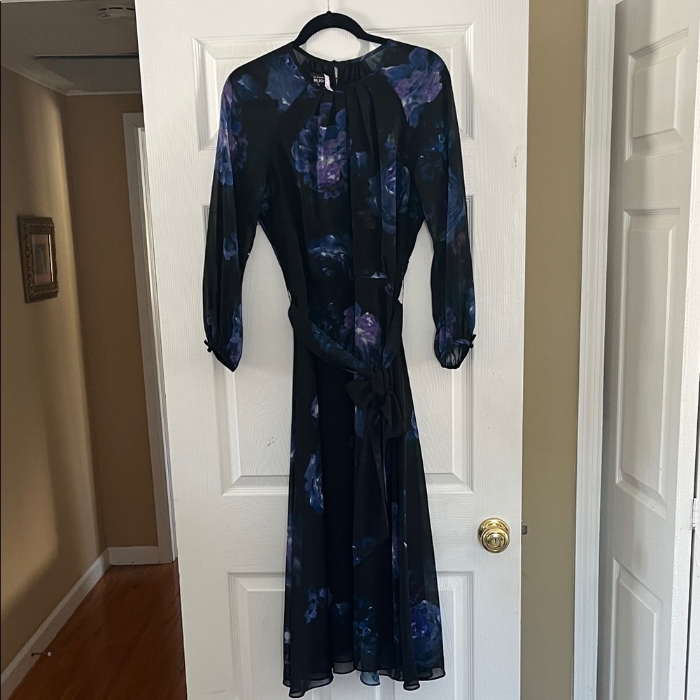 Rickie Freeman for Teri John Painterly Black and Purple Floral Dress